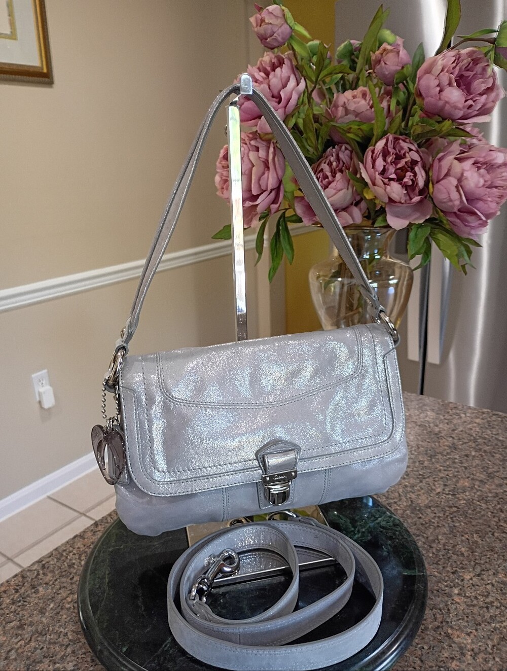 Coach Poppy Gray Silver Shimmery Flap Bag